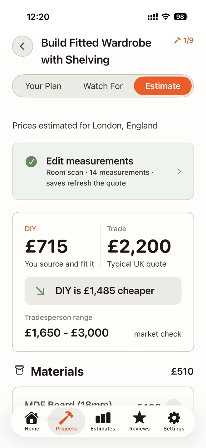 DIYDerek estimate comparing £715 to DIY a fitted wardrobe against a £2,200 trade quote