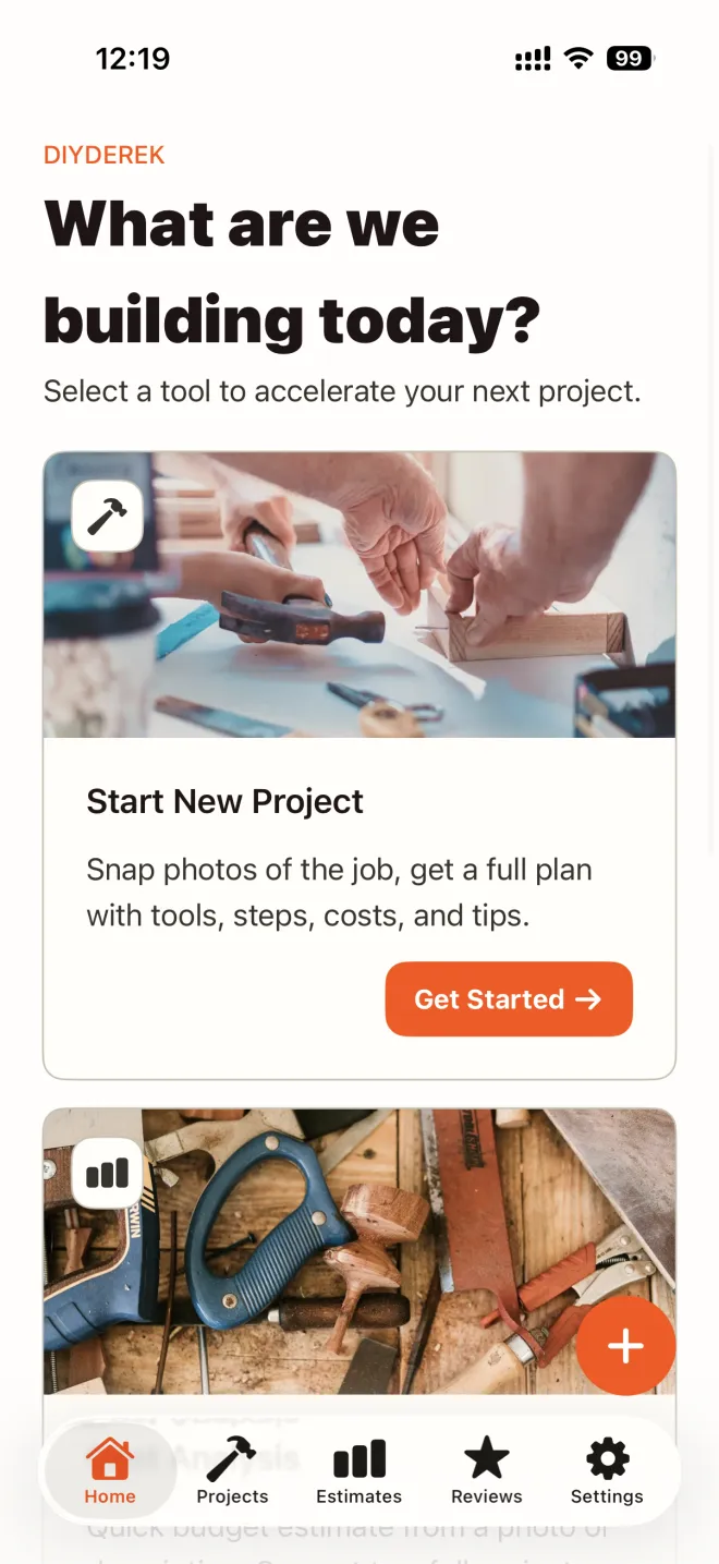 DIYDerek home screen with tools to start a project, estimate costs, and review work