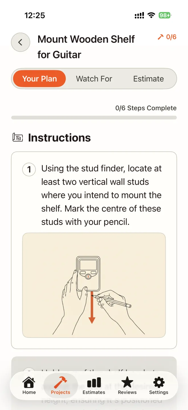 DIYDerek step-by-step plan for mounting a wooden shelf, with an illustrated first step