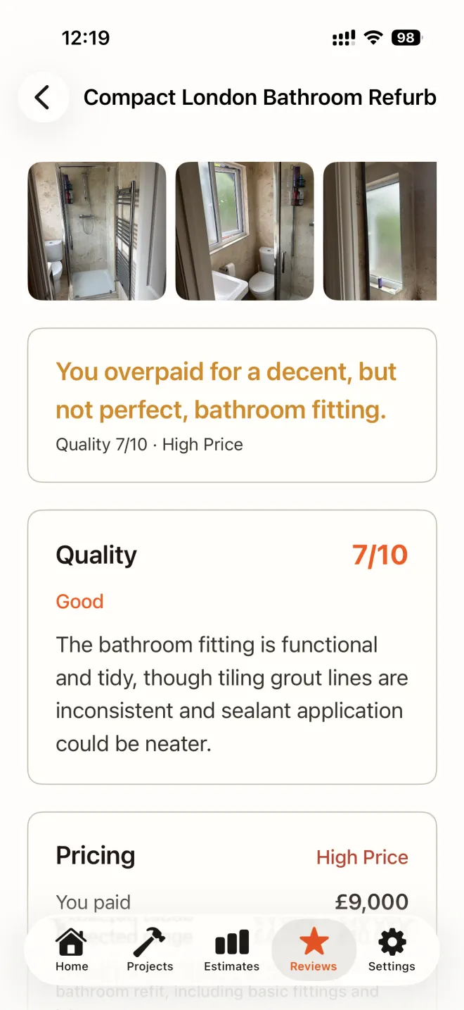 DIYDerek review scoring a bathroom refurb 7 out of 10 and flagging an overpaid £9,000 price